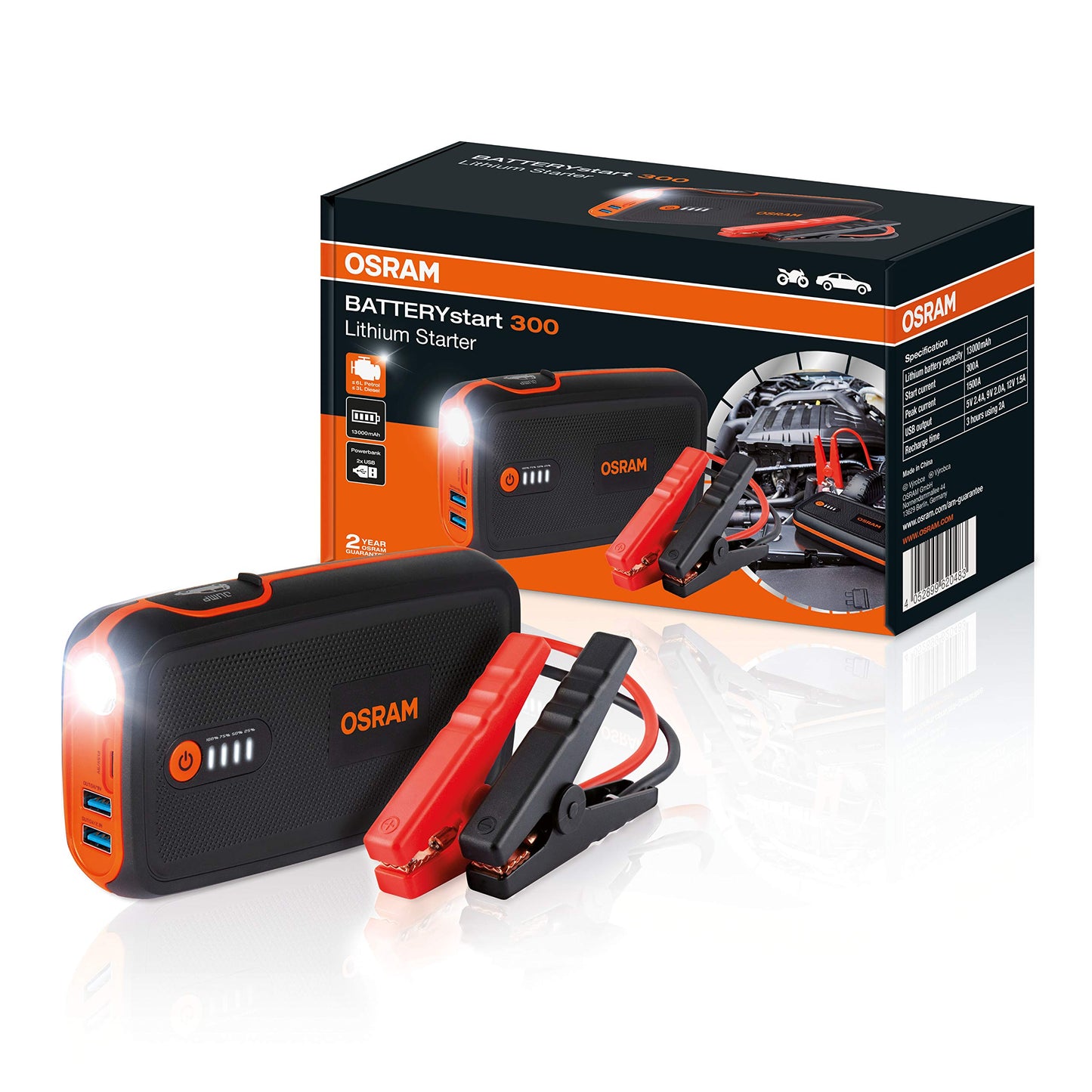 OSRAM BATTERYstart 300 1500A Starthilfe - für Motorrad/PKW bis 6L Benzin/3L Diesel